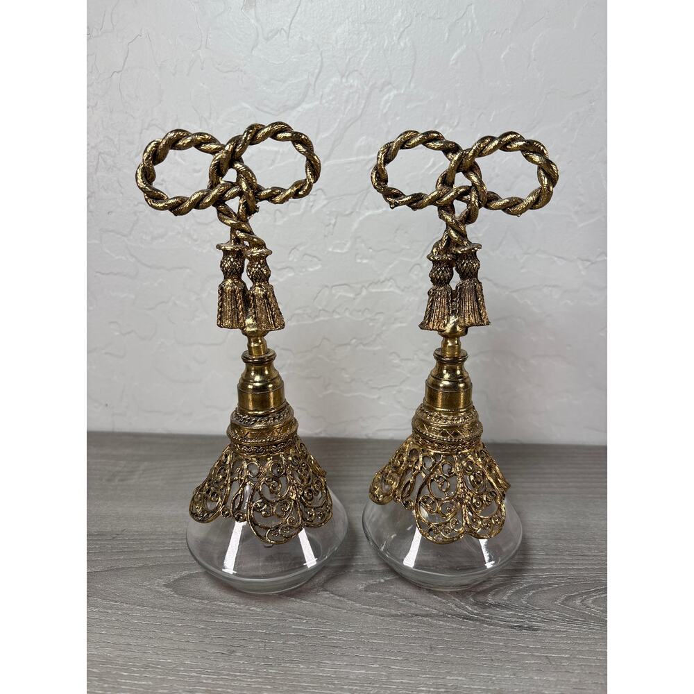 Set of 2 Vintage Stylebuilt Ribbon Bow Tassel Glass Gold Perfume Bottle‎ Dauber